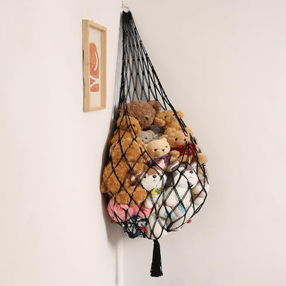 Stuffed Animal Hammock Corner, Boho Macrame Plush Toy Storage Net for Wall, Hanging Stuffed Animal Holder for Nursery, Playroom, Kids Room, Cream