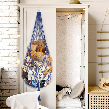 Stuffed Animal Hammock Corner, Boho Macrame Plush Toy Storage Net for Wall, Hanging Stuffed Animal Holder for Nursery, Playroom, Kids Room, Cream