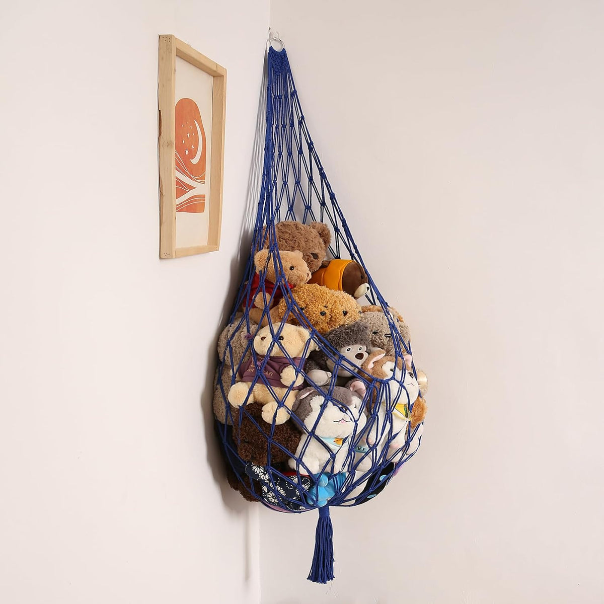 Stuffed Animal Hammock Corner, Boho Macrame Plush Toy Storage Net for Wall, Hanging Stuffed Animal Holder for Nursery, Playroom, Kids Room, Cream