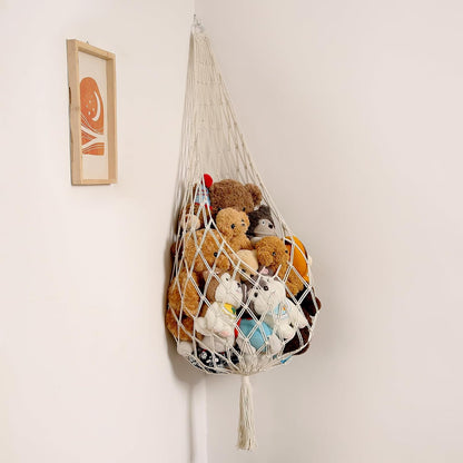 Stuffed Animal Hammock Corner, Boho Macrame Plush Toy Storage Net for Wall, Hanging Stuffed Animal Holder for Nursery, Playroom, Kids Room, Cream