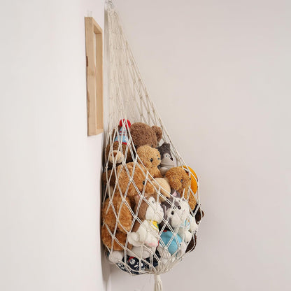 Stuffed Animal Hammock Corner, Boho Macrame Plush Toy Storage Net for Wall, Hanging Stuffed Animal Holder for Nursery, Playroom, Kids Room, Cream