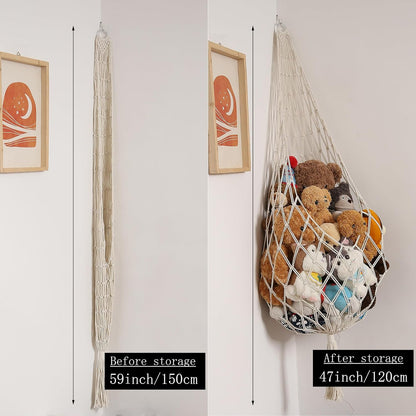 Stuffed Animal Hammock Corner, Boho Macrame Plush Toy Storage Net for Wall, Hanging Stuffed Animal Holder for Nursery, Playroom, Kids Room, Cream