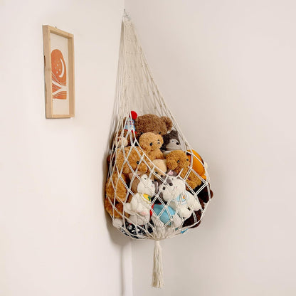 Stuffed Animal Hammock Corner, Boho Macrame Plush Toy Storage Net for Wall, Hanging Stuffed Animal Holder for Nursery, Playroom, Kids Room, Cream