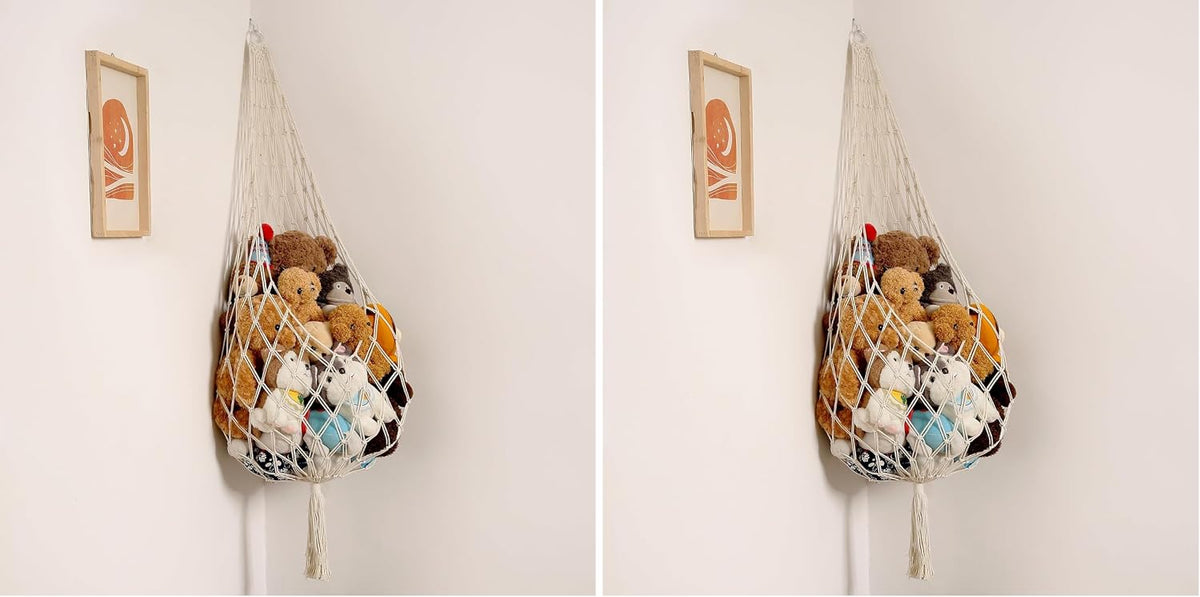 Stuffed Animal Hammock Corner, Boho Macrame Plush Toy Storage Net for Wall, Hanging Stuffed Animal Holder for Nursery, Playroom, Kids Room, Cream