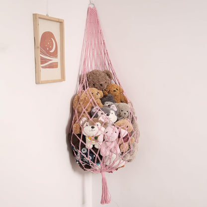 Stuffed Animal Hammock Corner, Boho Macrame Plush Toy Storage Net for Wall, Hanging Stuffed Animal Holder for Nursery, Playroom, Kids Room, Cream
