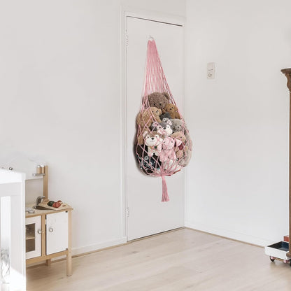 Stuffed Animal Hammock Corner, Boho Macrame Plush Toy Storage Net for Wall, Hanging Stuffed Animal Holder for Nursery, Playroom, Kids Room, Cream