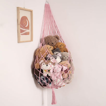 Stuffed Animal Hammock Corner, Boho Macrame Plush Toy Storage Net for Wall, Hanging Stuffed Animal Holder for Nursery, Playroom, Kids Room, Cream