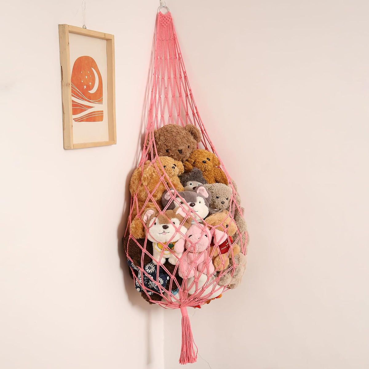 Stuffed Animal Hammock Corner, Boho Macrame Plush Toy Storage Net for Wall, Hanging Stuffed Animal Holder for Nursery, Playroom, Kids Room, Cream