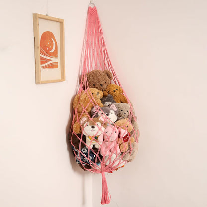 Stuffed Animal Hammock Corner, Boho Macrame Plush Toy Storage Net for Wall, Hanging Stuffed Animal Holder for Nursery, Playroom, Kids Room, Cream