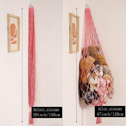 Stuffed Animal Hammock Corner, Boho Macrame Plush Toy Storage Net for Wall, Hanging Stuffed Animal Holder for Nursery, Playroom, Kids Room, Cream
