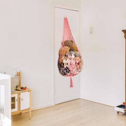 Stuffed Animal Hammock Corner, Boho Macrame Plush Toy Storage Net for Wall, Hanging Stuffed Animal Holder for Nursery, Playroom, Kids Room, Cream