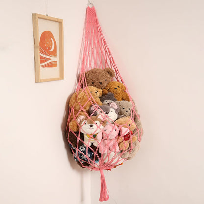 Stuffed Animal Hammock Corner, Boho Macrame Plush Toy Storage Net for Wall, Hanging Stuffed Animal Holder for Nursery, Playroom, Kids Room, Cream