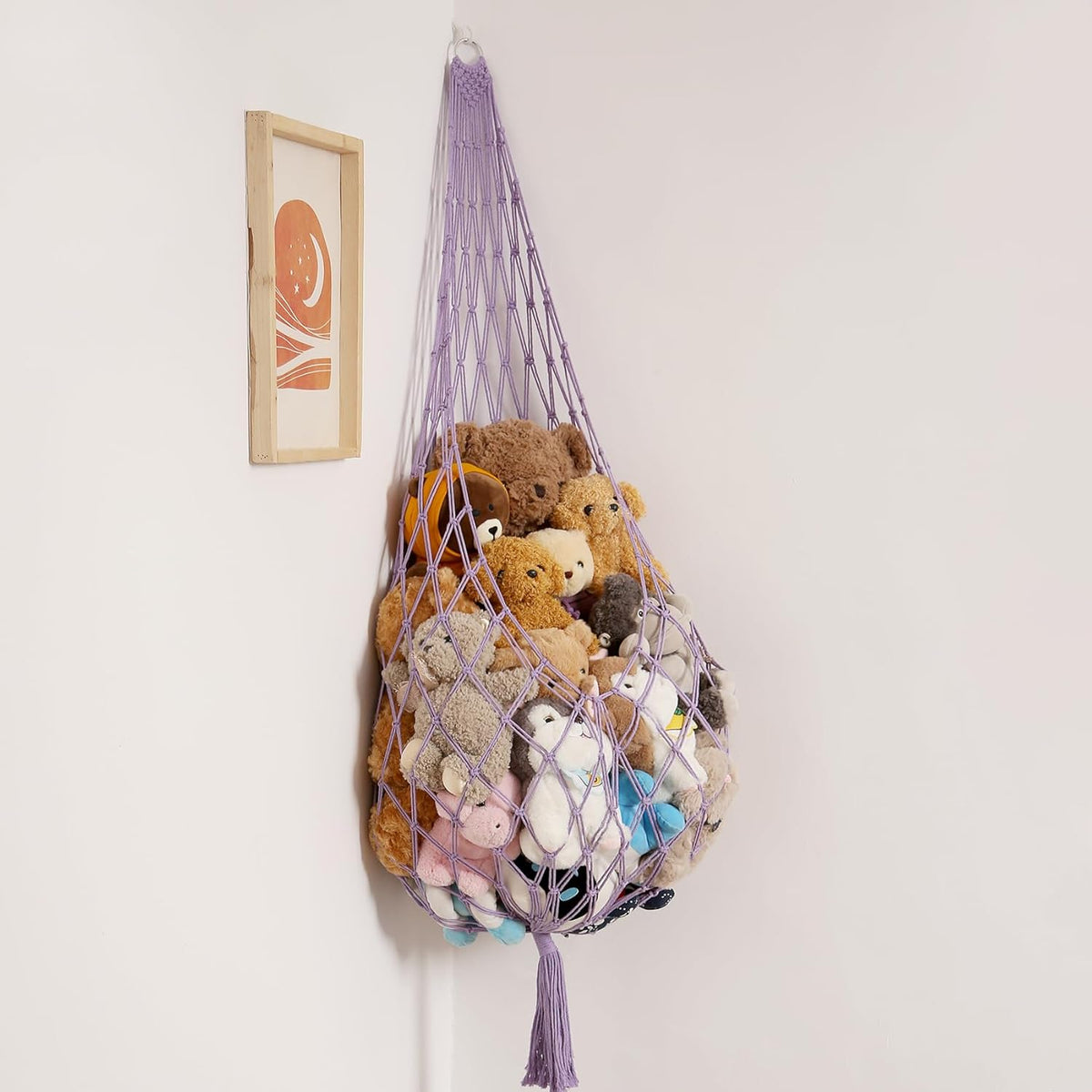 Stuffed Animal Hammock Corner, Boho Macrame Plush Toy Storage Net for Wall, Hanging Stuffed Animal Holder for Nursery, Playroom, Kids Room, Cream