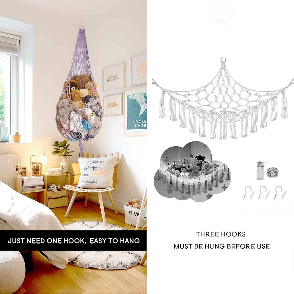 Stuffed Animal Hammock Corner, Boho Macrame Plush Toy Storage Net for Wall, Hanging Stuffed Animal Holder for Nursery, Playroom, Kids Room, Cream