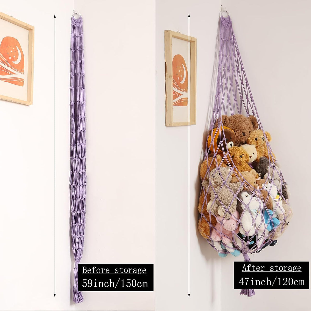 Stuffed Animal Hammock Corner, Boho Macrame Plush Toy Storage Net for Wall, Hanging Stuffed Animal Holder for Nursery, Playroom, Kids Room, Cream