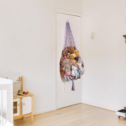 Stuffed Animal Hammock Corner, Boho Macrame Plush Toy Storage Net for Wall, Hanging Stuffed Animal Holder for Nursery, Playroom, Kids Room, Cream