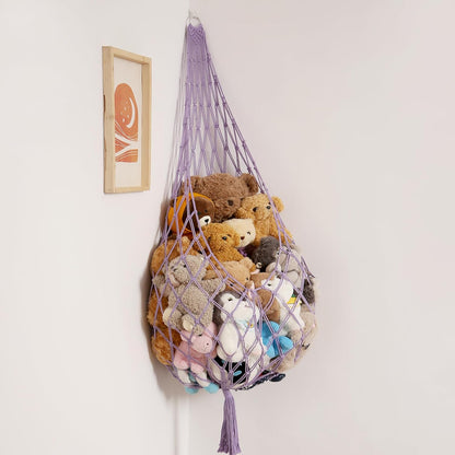 Stuffed Animal Hammock Corner, Boho Macrame Plush Toy Storage Net for Wall, Hanging Stuffed Animal Holder for Nursery, Playroom, Kids Room, Cream
