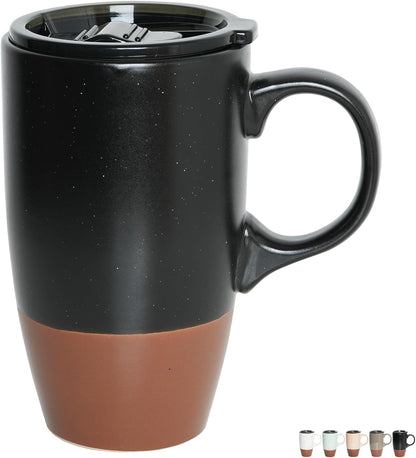 Ceramic Travel Coffee Mug with Handle and Lid, 18 oz, Portable Coffee Cup for Car Cup Holder, Microwave and Dishwasher Safe (Black)