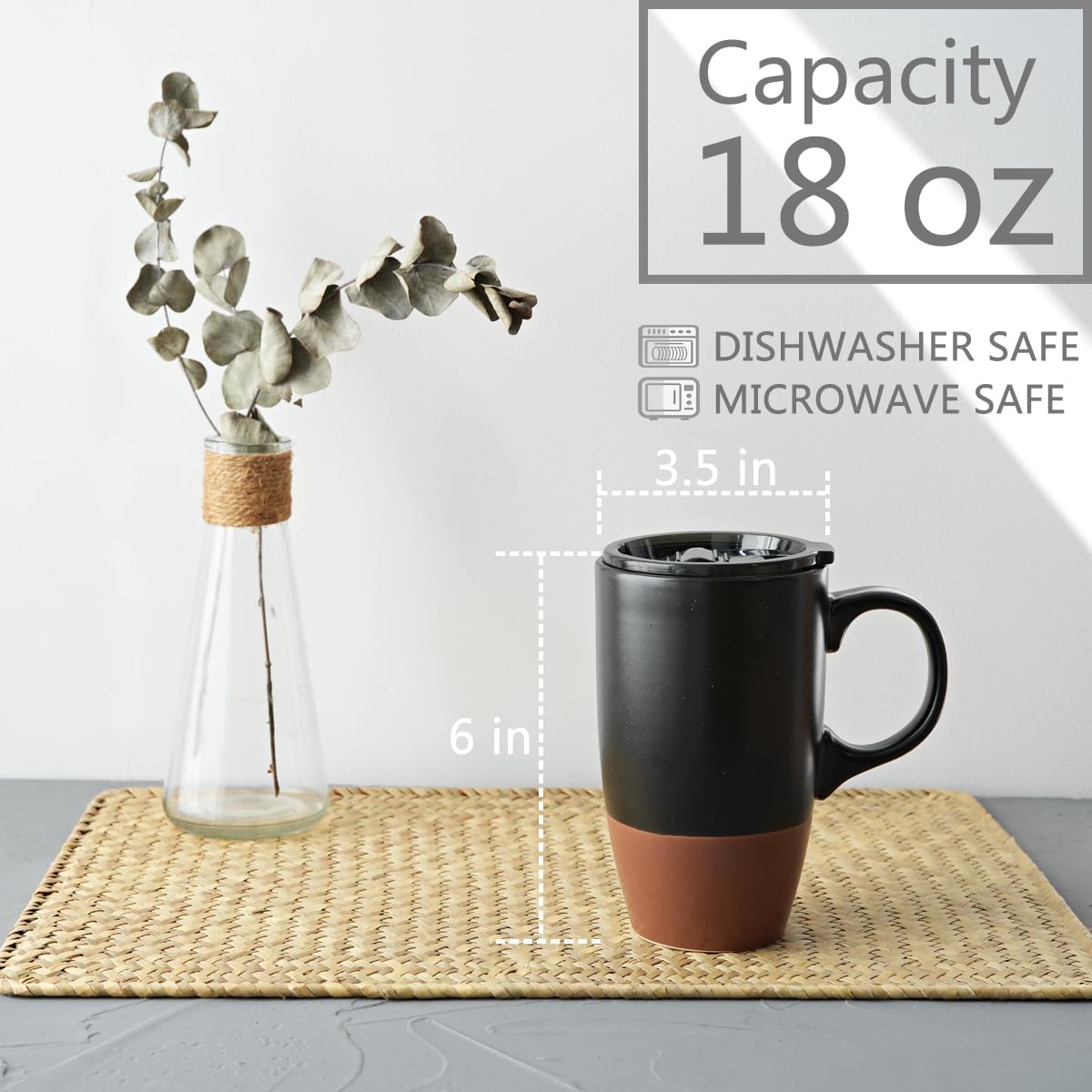 Ceramic Travel Coffee Mug with Handle and Lid, 18 oz, Portable Coffee Cup for Car Cup Holder, Microwave and Dishwasher Safe (Black)