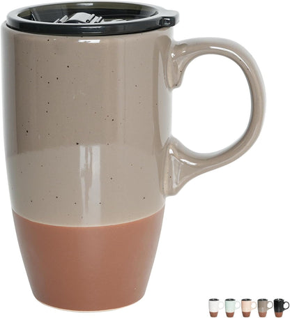 Ceramic Travel Coffee Mug with Handle and Lid, 18 oz, Portable Coffee Cup for Car Cup Holder, Microwave and Dishwasher Safe (Black)