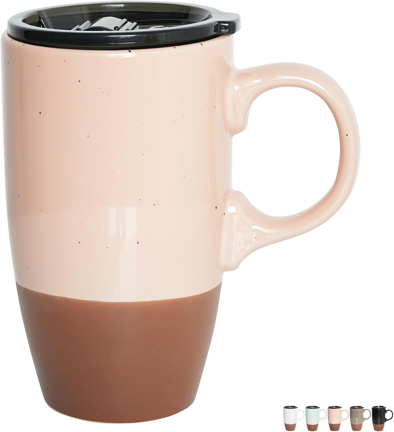 Ceramic Travel Coffee Mug with Handle and Lid, 18 oz, Portable Coffee Cup for Car Cup Holder, Microwave and Dishwasher Safe (Black)