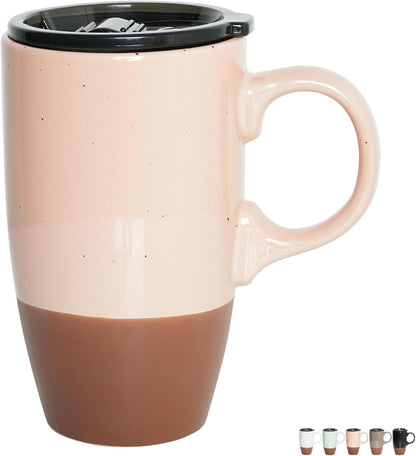 Ceramic Travel Coffee Mug with Handle and Lid, 18 oz, Portable Coffee Cup for Car Cup Holder, Microwave and Dishwasher Safe (Black)