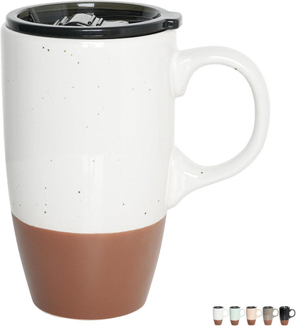 Ceramic Travel Coffee Mug with Handle and Lid, 18 oz, Portable Coffee Cup for Car Cup Holder, Microwave and Dishwasher Safe (Black)
