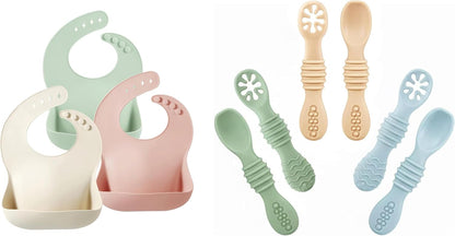 Set of 3 Silicone Baby Bibs & 6 Pack Silicone Baby Spoons