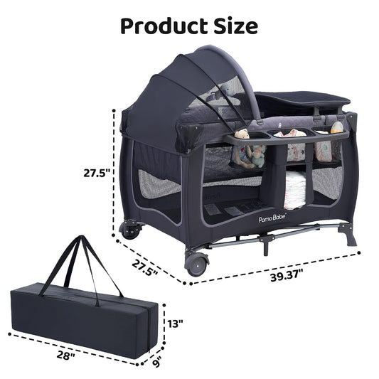 Baby Playard with Canopy, Portable Crib with Changing Table