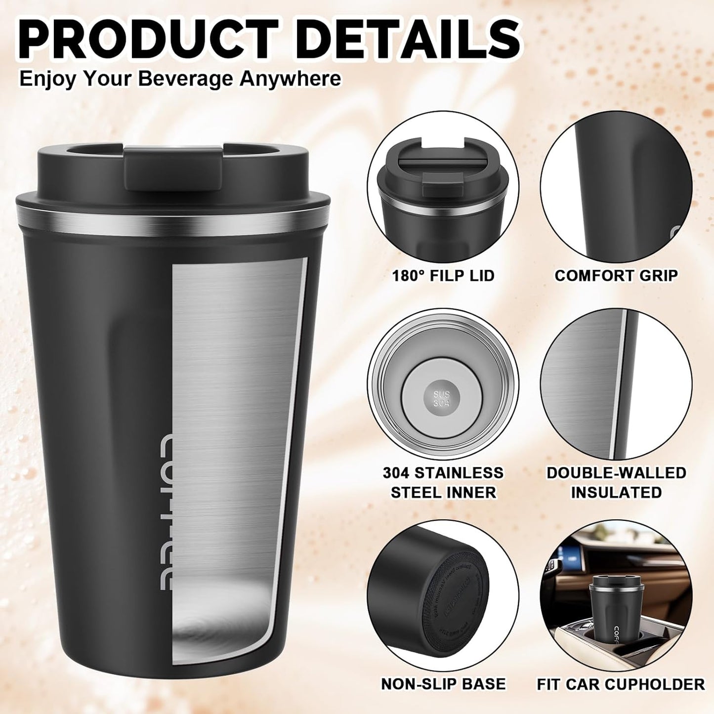 17oz Travel Coffee Mug, Insulated Coffee Cup with Leakproof Lid | 6-Hour Heat Retention, 360°Leak proof, Vacuum Stainless Steel Double Walled, BPA-free, Reusable And To Go Coffee Mug