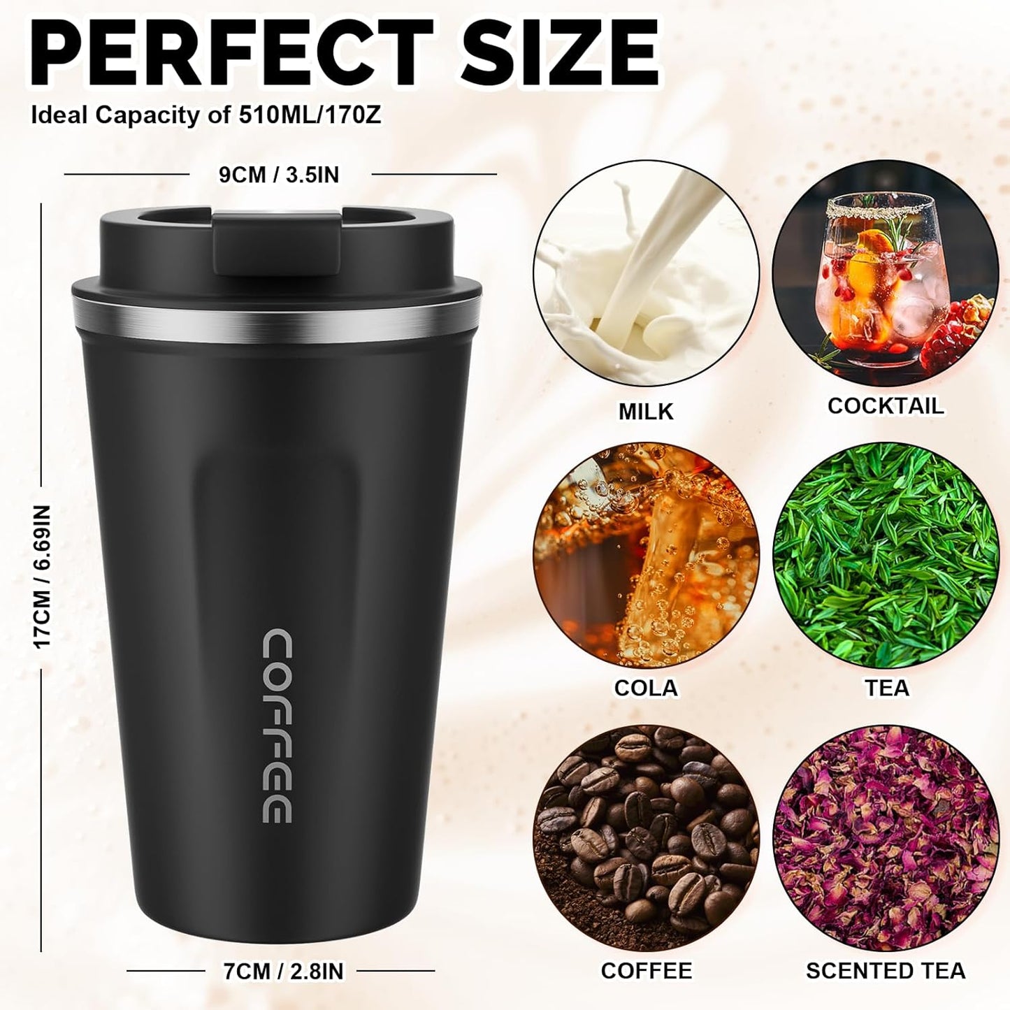 17oz Travel Coffee Mug, Insulated Coffee Cup with Leakproof Lid | 6-Hour Heat Retention, 360°Leak proof, Vacuum Stainless Steel Double Walled, BPA-free, Reusable And To Go Coffee Mug