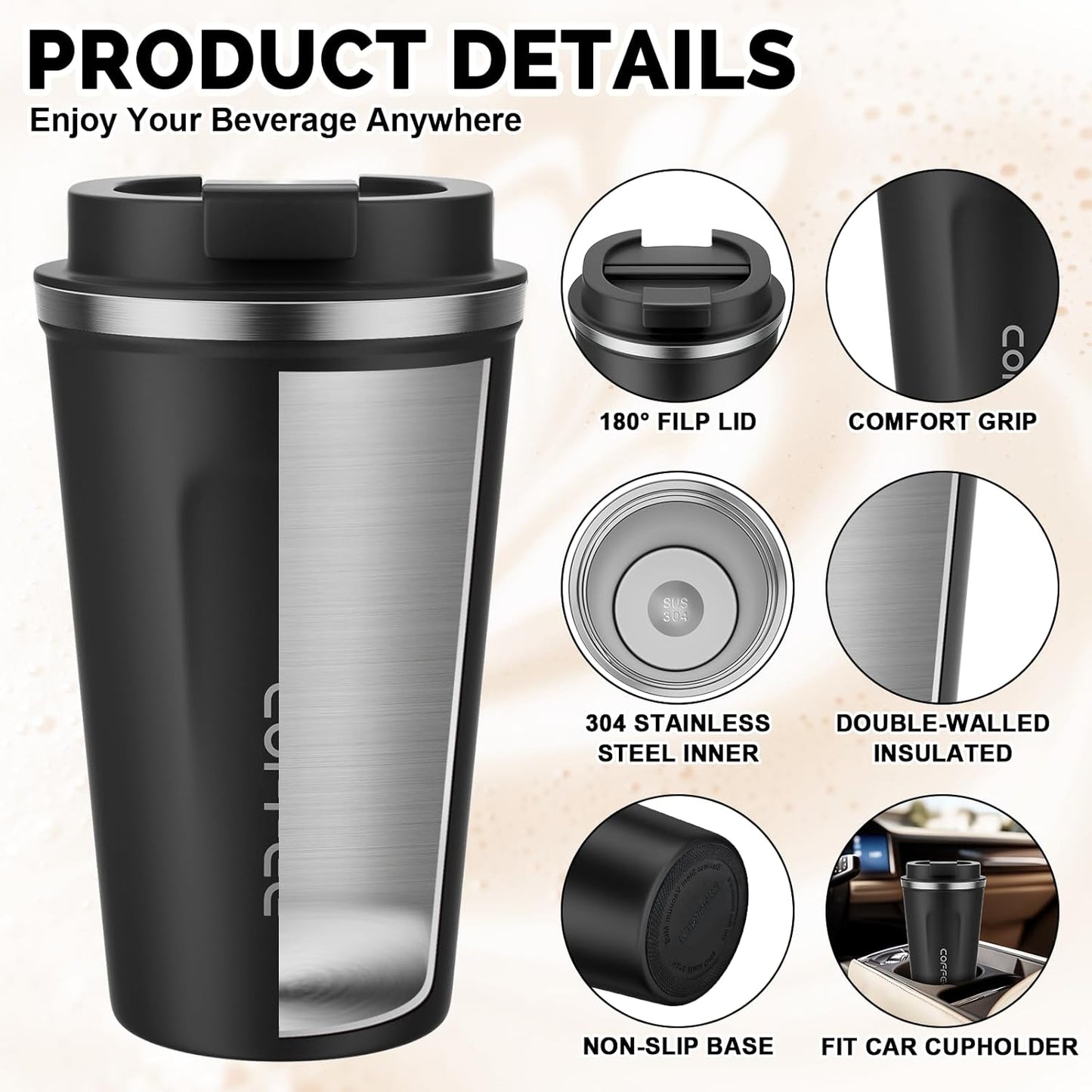 17oz Travel Coffee Mug, Insulated Coffee Cup with Leakproof Lid | 6-Hour Heat Retention, 360°Leak proof, Vacuum Stainless Steel Double Walled, BPA-free, Reusable And To Go Coffee Mug