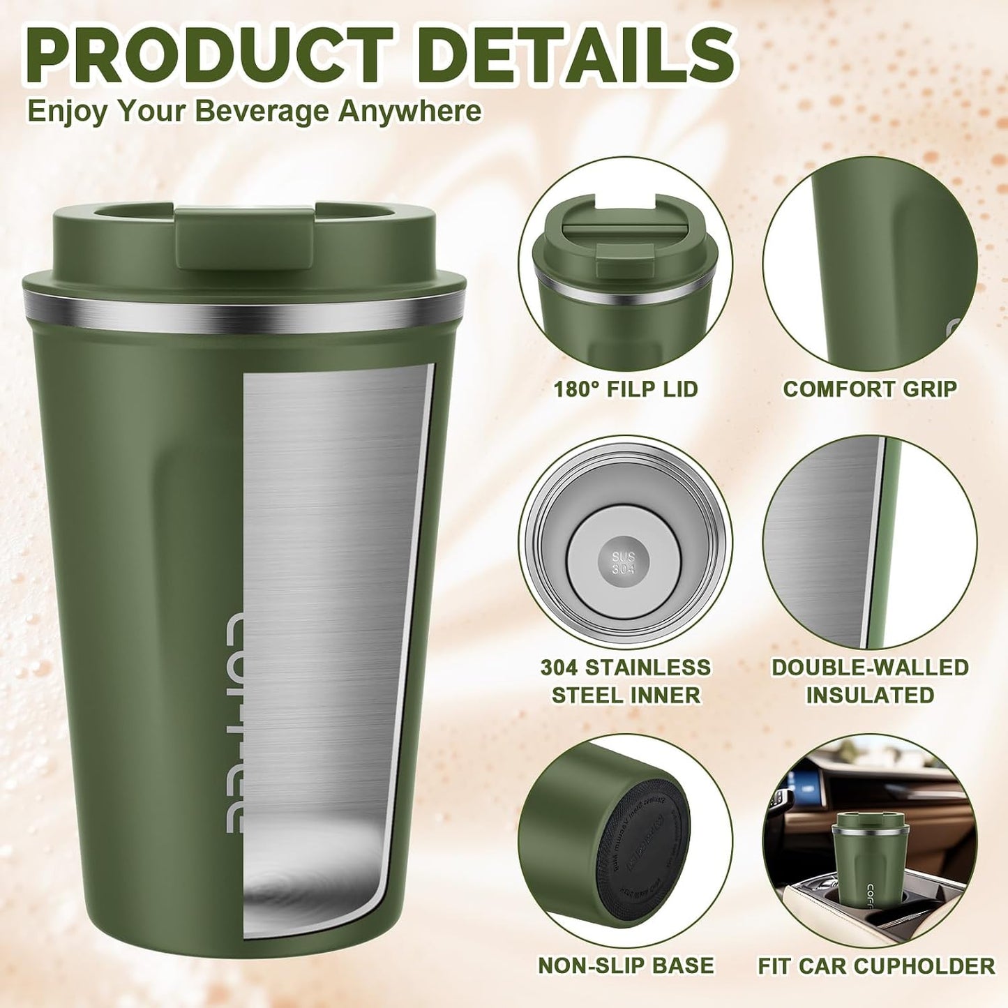17oz Travel Coffee Mug, Insulated Coffee Cup with Leakproof Lid | 6-Hour Heat Retention, 360°Leak proof, Vacuum Stainless Steel Double Walled, BPA-free, Reusable And To Go Coffee Mug
