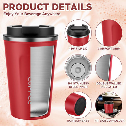 17oz Travel Coffee Mug, Insulated Coffee Cup with Leakproof Lid | 6-Hour Heat Retention, 360°Leak proof, Vacuum Stainless Steel Double Walled, BPA-free, Reusable And To Go Coffee Mug