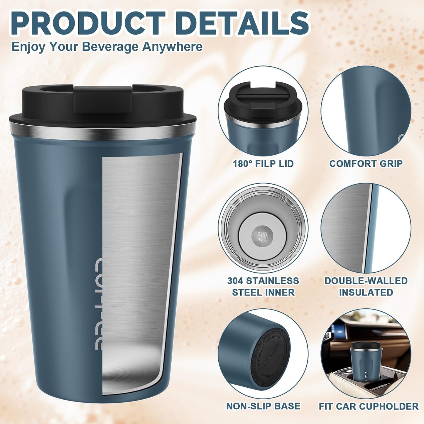 17oz Travel Coffee Mug, Insulated Coffee Cup with Leakproof Lid | 6-Hour Heat Retention, 360°Leak proof, Vacuum Stainless Steel Double Walled, BPA-free, Reusable And To Go Coffee Mug
