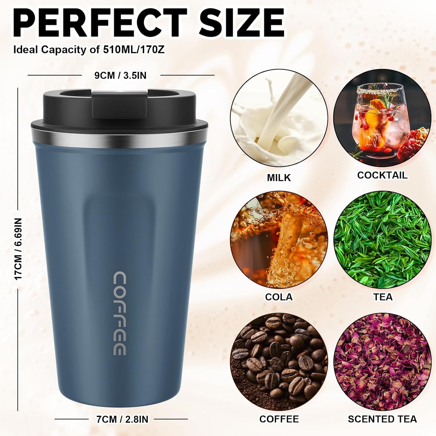 17oz Travel Coffee Mug, Insulated Coffee Cup with Leakproof Lid | 6-Hour Heat Retention, 360°Leak proof, Vacuum Stainless Steel Double Walled, BPA-free, Reusable And To Go Coffee Mug
