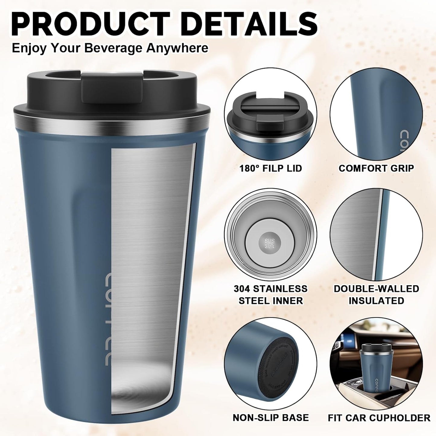 17oz Travel Coffee Mug, Insulated Coffee Cup with Leakproof Lid | 6-Hour Heat Retention, 360°Leak proof, Vacuum Stainless Steel Double Walled, BPA-free, Reusable And To Go Coffee Mug