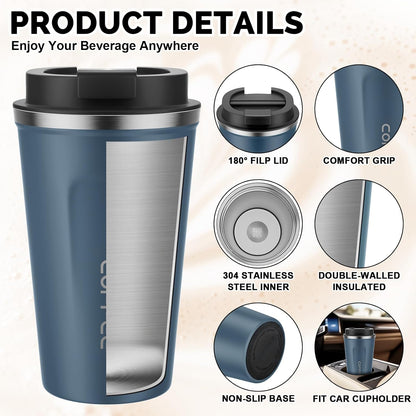 17oz Travel Coffee Mug, Insulated Coffee Cup with Leakproof Lid | 6-Hour Heat Retention, 360°Leak proof, Vacuum Stainless Steel Double Walled, BPA-free, Reusable And To Go Coffee Mug