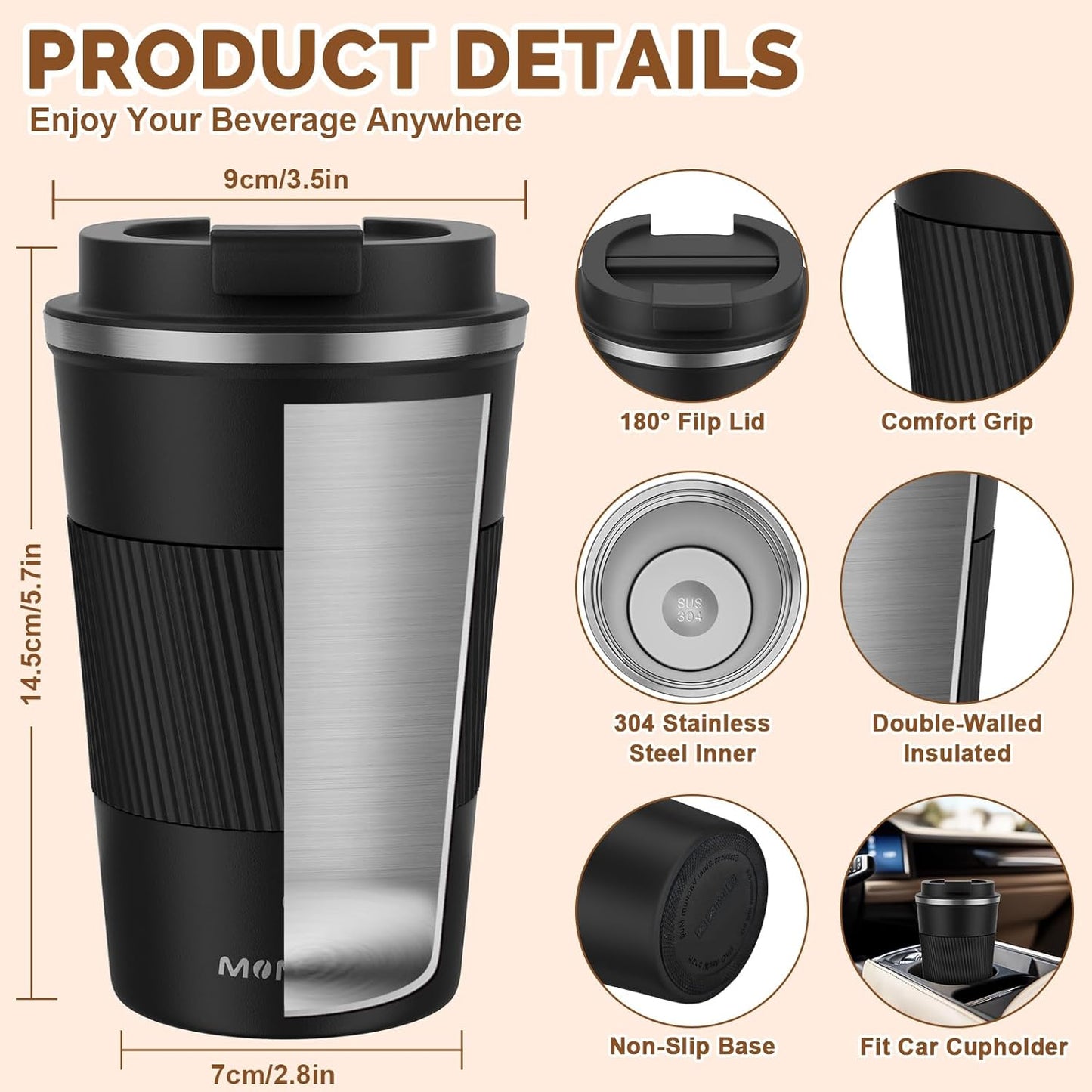 17oz Travel Coffee Mug, Insulated Coffee Cup with Leakproof Lid | 6-Hour Heat Retention, 360°Leak proof, Vacuum Stainless Steel Double Walled, BPA-free, Reusable And To Go Coffee Mug