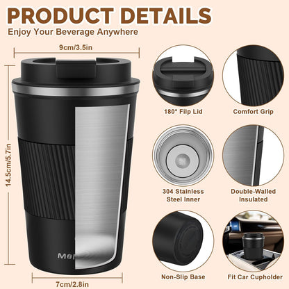 17oz Travel Coffee Mug, Insulated Coffee Cup with Leakproof Lid | 6-Hour Heat Retention, 360°Leak proof, Vacuum Stainless Steel Double Walled, BPA-free, Reusable And To Go Coffee Mug