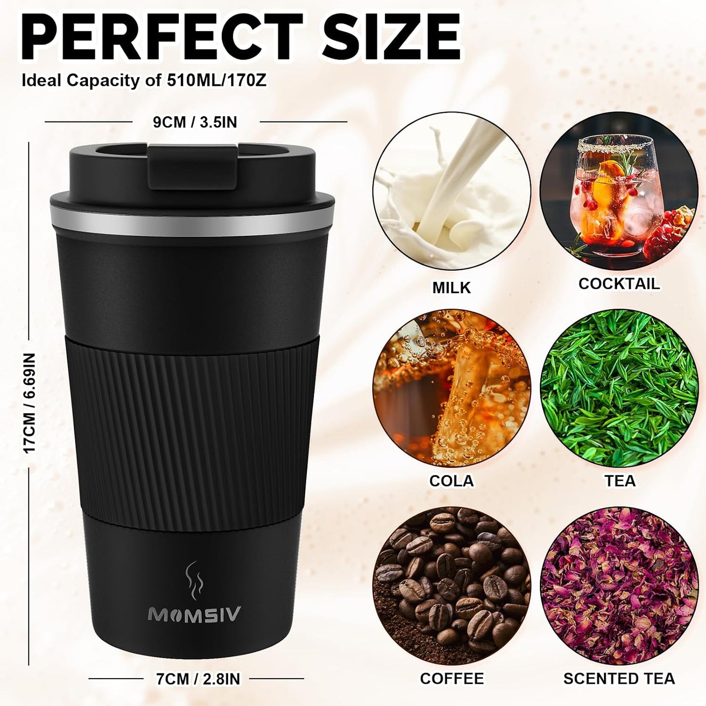 17oz Travel Coffee Mug, Insulated Coffee Cup with Leakproof Lid | 6-Hour Heat Retention, 360°Leak proof, Vacuum Stainless Steel Double Walled, BPA-free, Reusable And To Go Coffee Mug