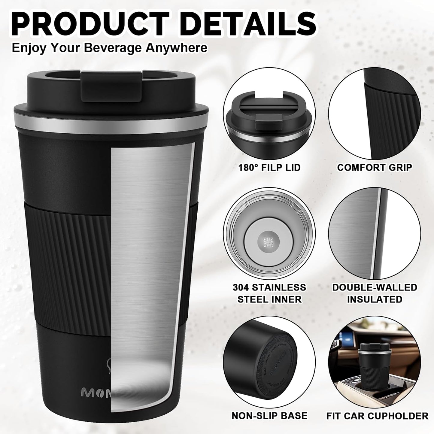 17oz Travel Coffee Mug, Insulated Coffee Cup with Leakproof Lid | 6-Hour Heat Retention, 360°Leak proof, Vacuum Stainless Steel Double Walled, BPA-free, Reusable And To Go Coffee Mug