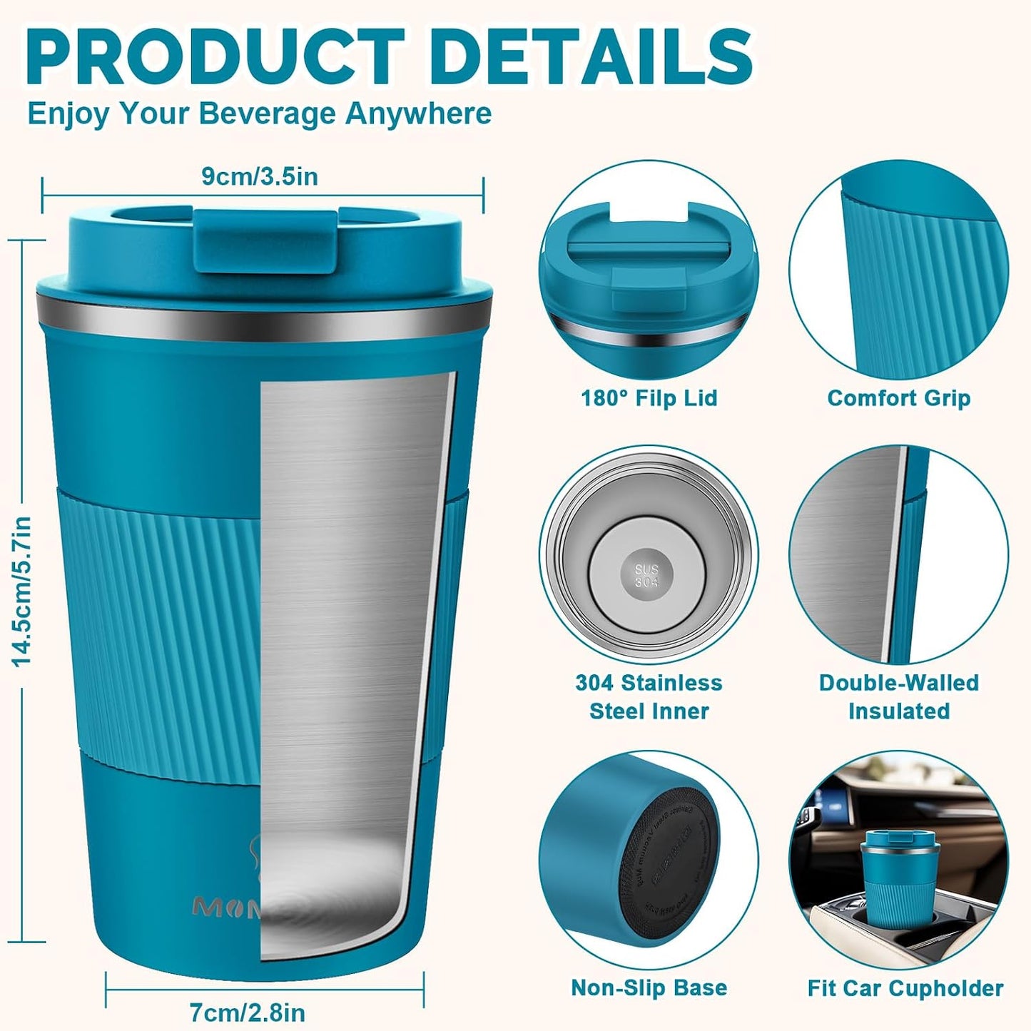 17oz Travel Coffee Mug, Insulated Coffee Cup with Leakproof Lid | 6-Hour Heat Retention, 360°Leak proof, Vacuum Stainless Steel Double Walled, BPA-free, Reusable And To Go Coffee Mug