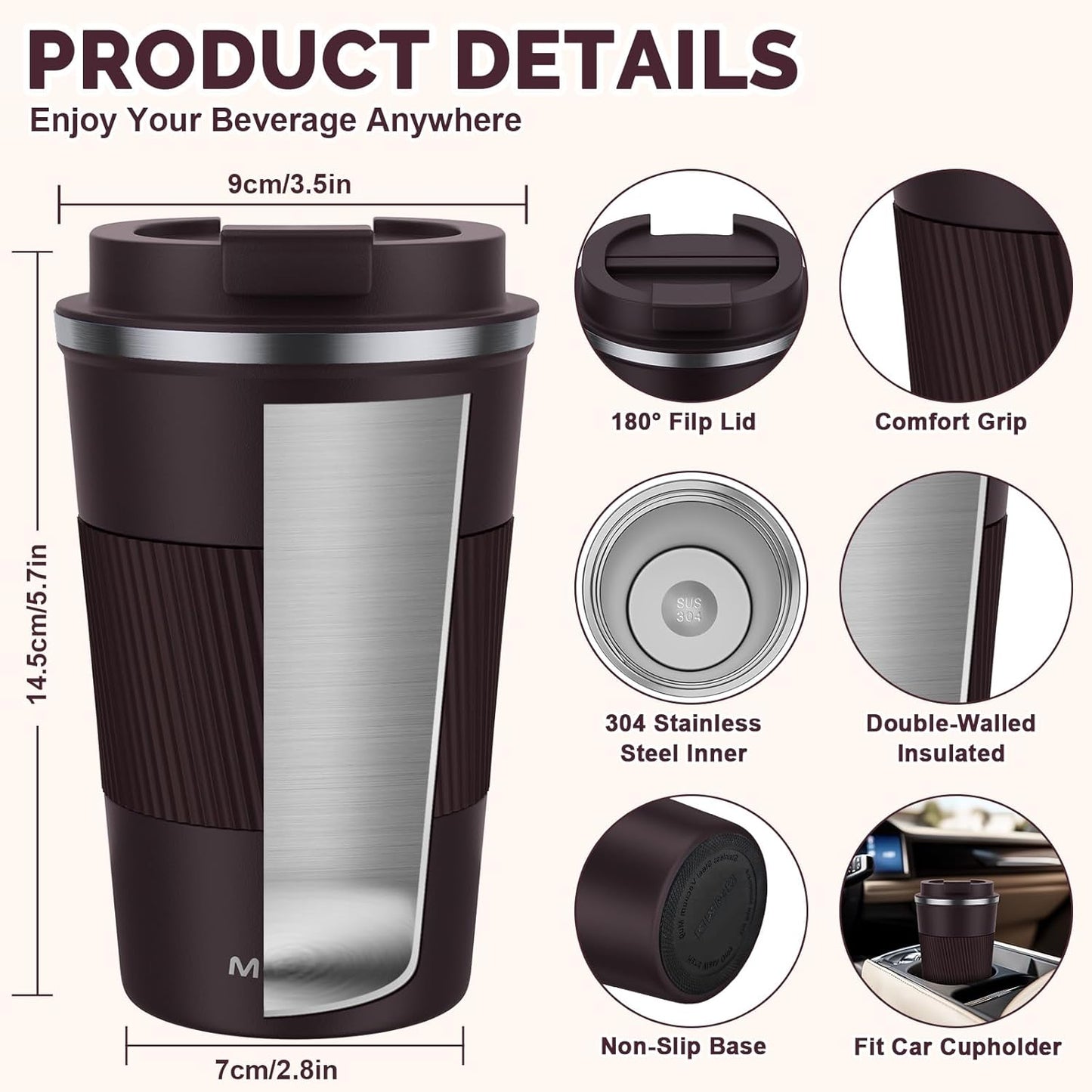 17oz Travel Coffee Mug, Insulated Coffee Cup with Leakproof Lid | 6-Hour Heat Retention, 360°Leak proof, Vacuum Stainless Steel Double Walled, BPA-free, Reusable And To Go Coffee Mug