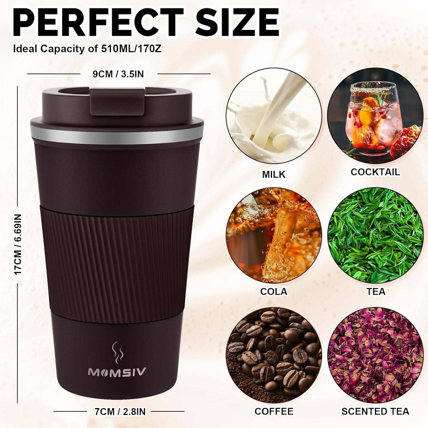 17oz Travel Coffee Mug, Insulated Coffee Cup with Leakproof Lid | 6-Hour Heat Retention, 360°Leak proof, Vacuum Stainless Steel Double Walled, BPA-free, Reusable And To Go Coffee Mug