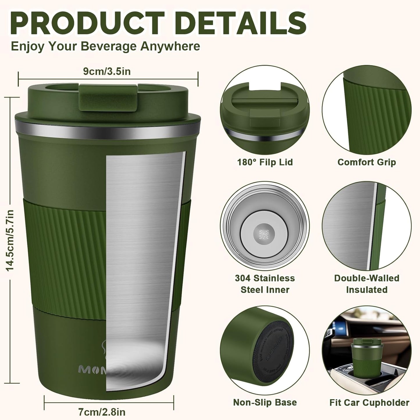 17oz Travel Coffee Mug, Insulated Coffee Cup with Leakproof Lid | 6-Hour Heat Retention, 360°Leak proof, Vacuum Stainless Steel Double Walled, BPA-free, Reusable And To Go Coffee Mug