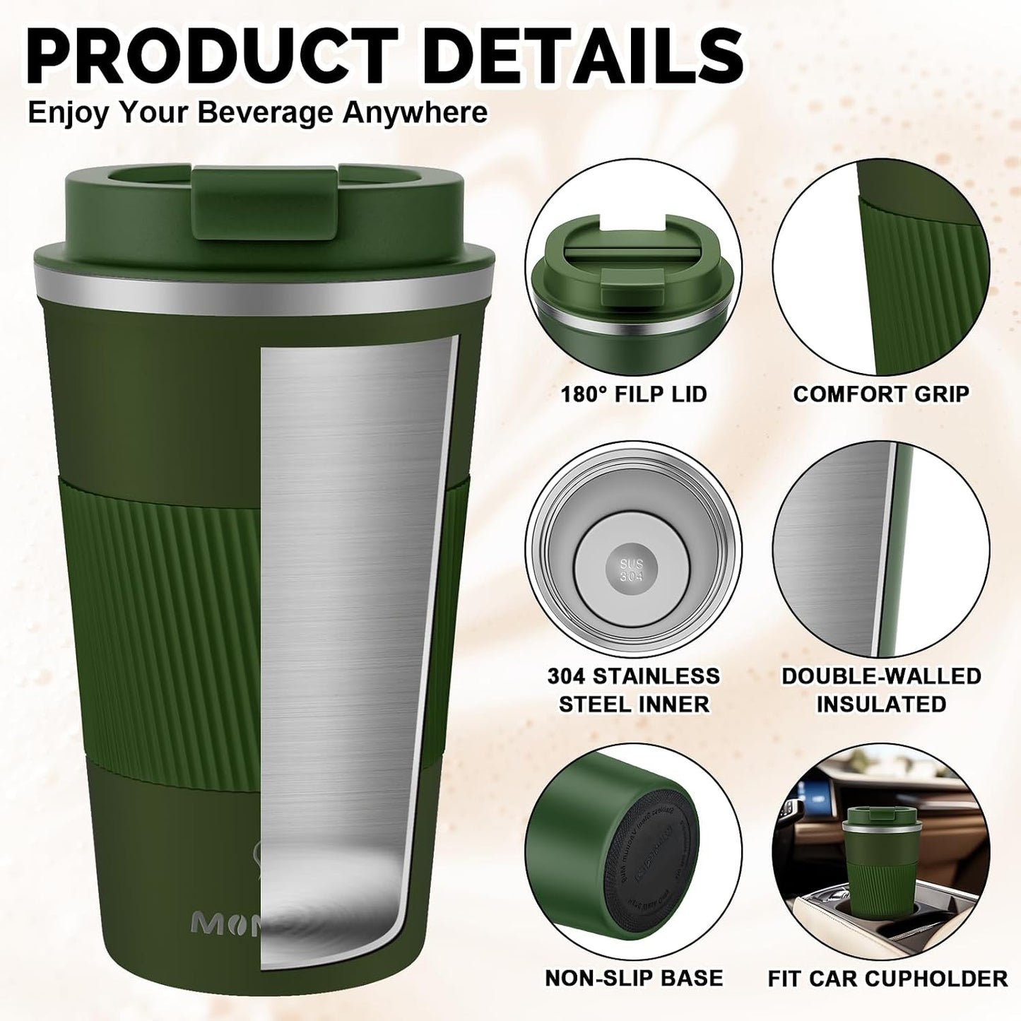 17oz Travel Coffee Mug, Insulated Coffee Cup with Leakproof Lid | 6-Hour Heat Retention, 360°Leak proof, Vacuum Stainless Steel Double Walled, BPA-free, Reusable And To Go Coffee Mug