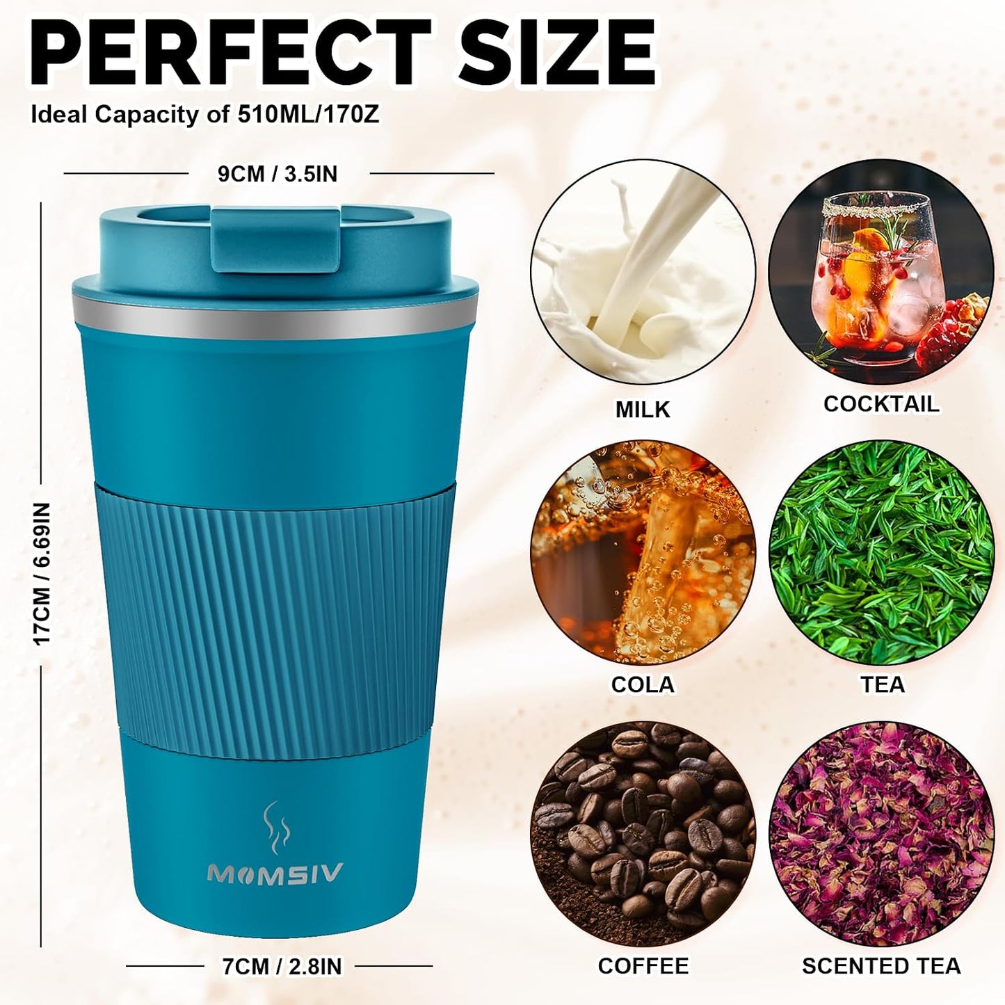 17oz Travel Coffee Mug, Insulated Coffee Cup with Leakproof Lid | 6-Hour Heat Retention, 360°Leak proof, Vacuum Stainless Steel Double Walled, BPA-free, Reusable And To Go Coffee Mug