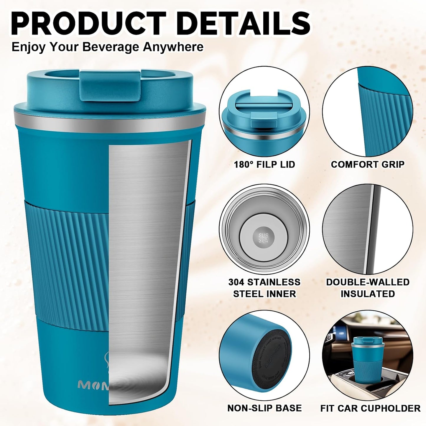 17oz Travel Coffee Mug, Insulated Coffee Cup with Leakproof Lid | 6-Hour Heat Retention, 360°Leak proof, Vacuum Stainless Steel Double Walled, BPA-free, Reusable And To Go Coffee Mug