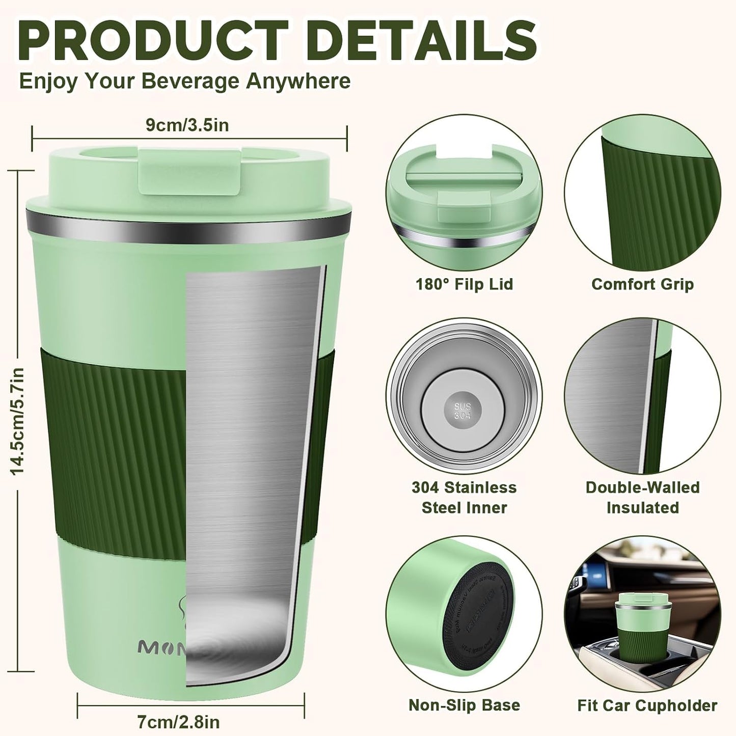 17oz Travel Coffee Mug, Insulated Coffee Cup with Leakproof Lid | 6-Hour Heat Retention, 360°Leak proof, Vacuum Stainless Steel Double Walled, BPA-free, Reusable And To Go Coffee Mug